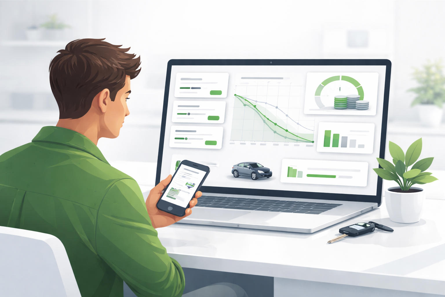 Illustration of a borrower comparing auto loan payment options and efficiency scenarios