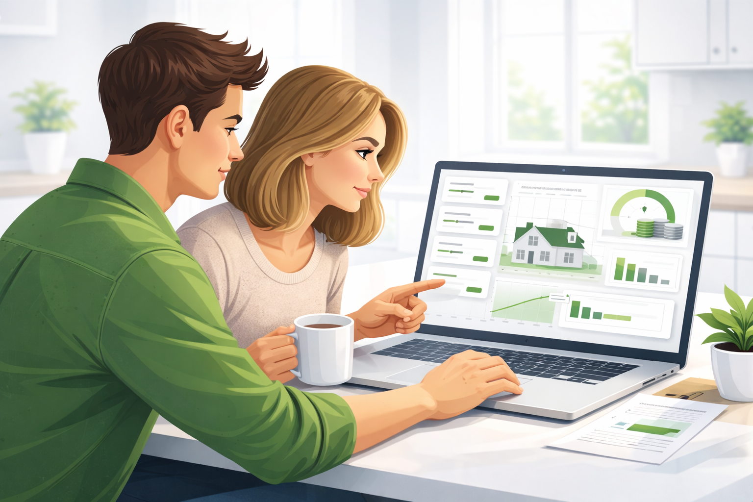 Illustration of a homeowner comparing mortgage payment options, payoff timing, and projected interest savings