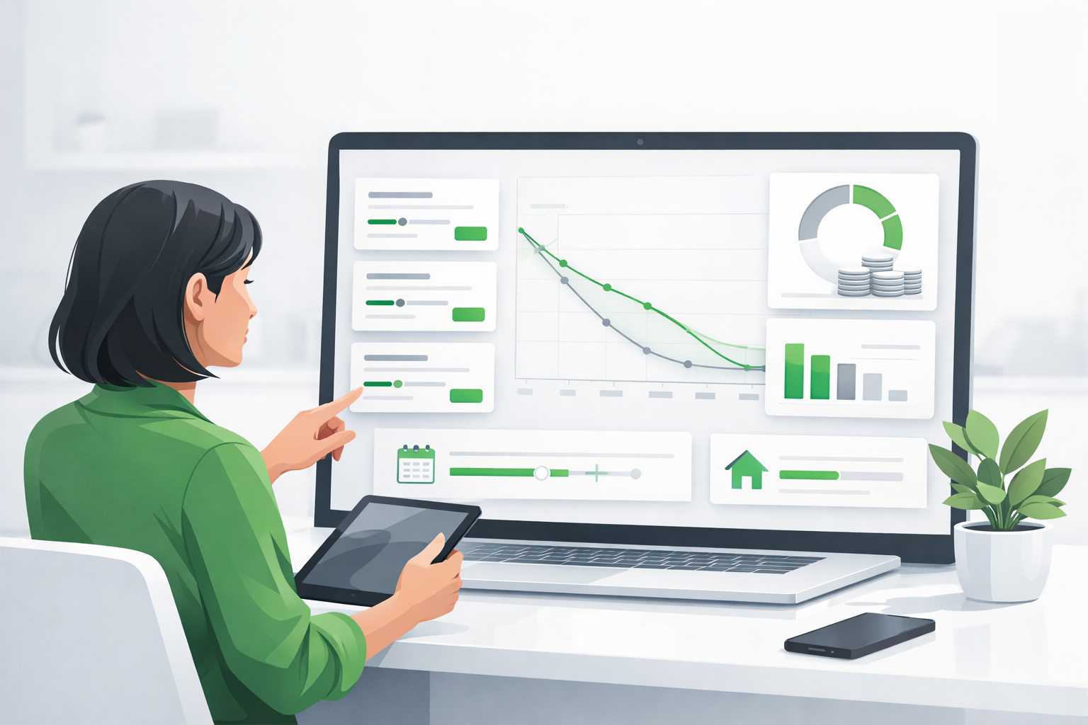 Illustration of a borrower reviewing personal loan payment options and savings scenarios