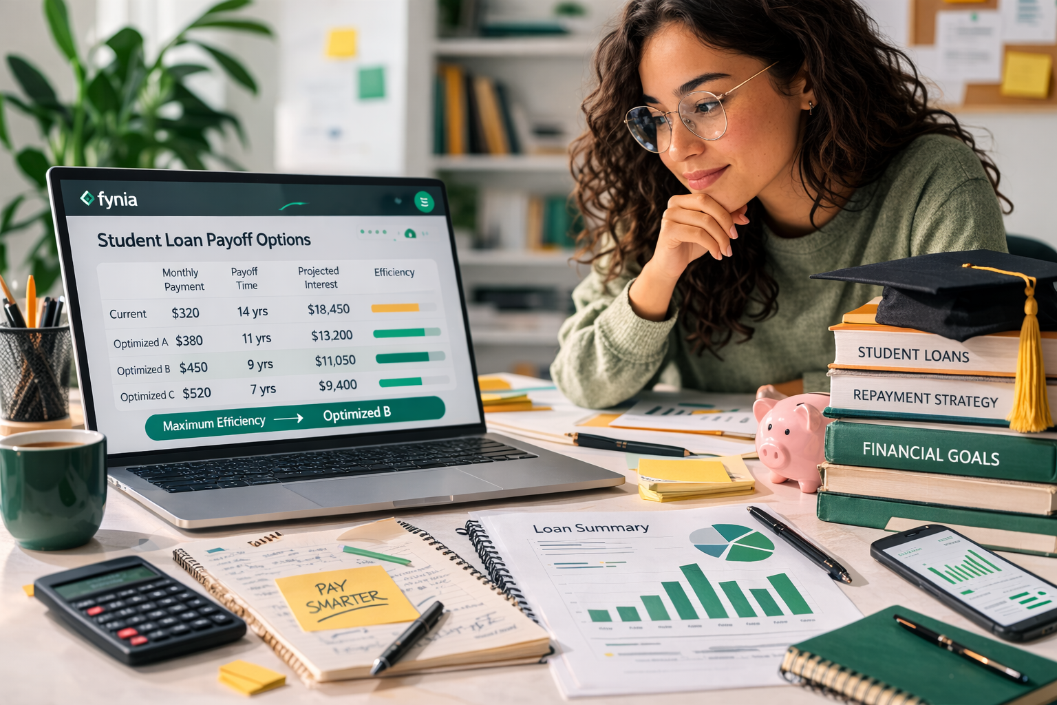 Illustration of a borrower comparing student loan payment options, payoff timing, and projected interest savings